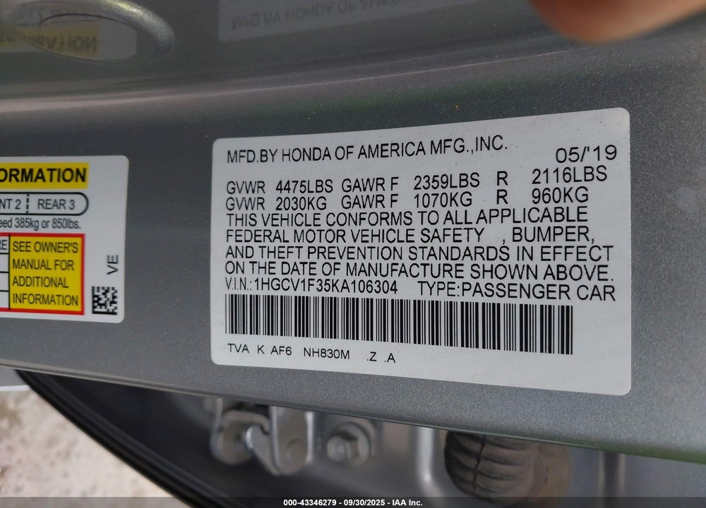2019 HONDA ACCORD VIN: 1HGCV1F35KA106304