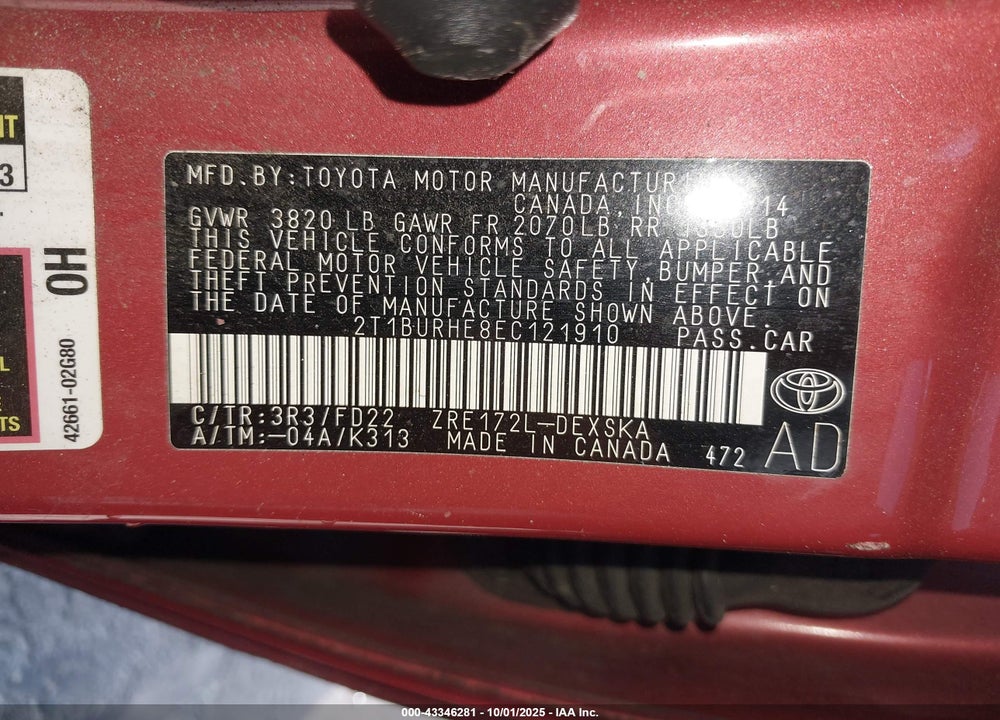 2014 TOYOTA COROLLA S PLUS VIN: 2T1BURHE8EC121910