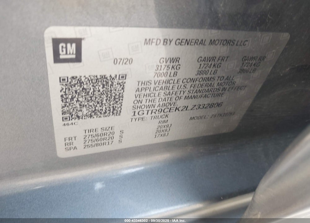 2020 GMC SIERRA 1500 VIN: 1GTR9CEK2LZ332806