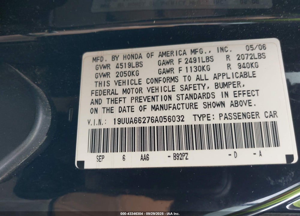 2006 ACURA TL VIN: 19UUA66276A056032