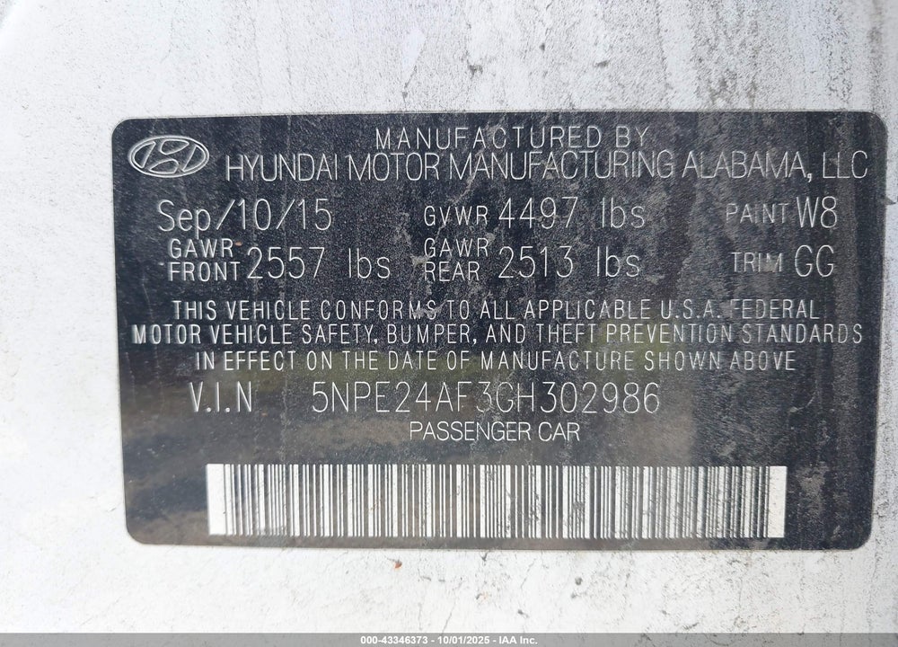 2016 HYUNDAI SONATA VIN: 5NPE24AF3GH302986