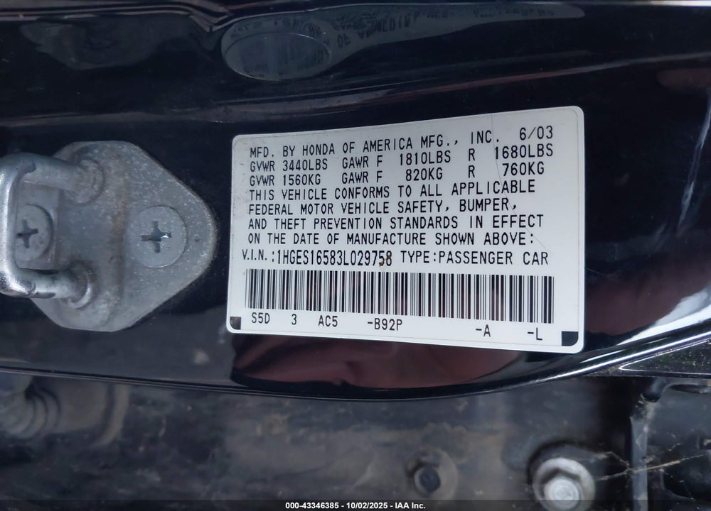 2003 HONDA CIVIC LX VIN: 1HGES16583L029758