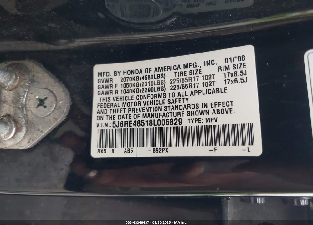 2008 HONDA CR-V EX VIN: 5J6RE48518L006829
