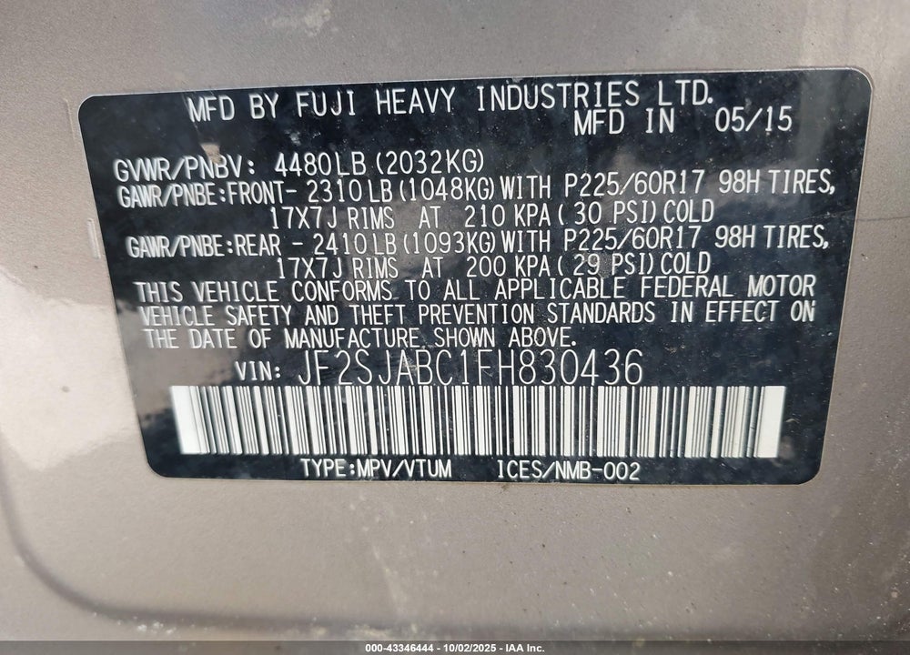 2015 SUBARU FORESTER VIN: JF2SJABC1FH830436