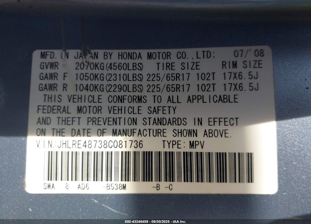 2008 HONDA CR-V EX-L VIN: JHLRE48738C081736
