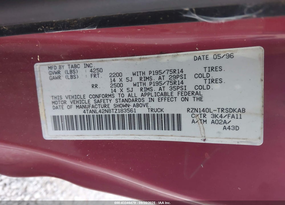 1996 TOYOTA TACOMA VIN: 4TANL42N8TZ183561