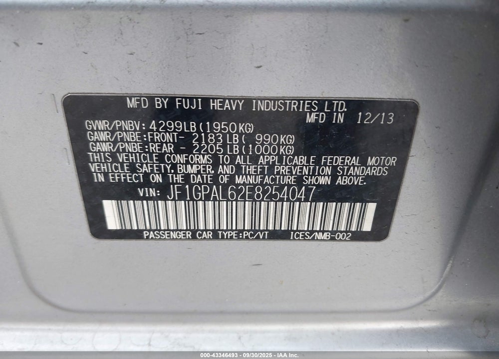 2014 SUBARU IMPREZA VIN: JF1GPAL62E8254047