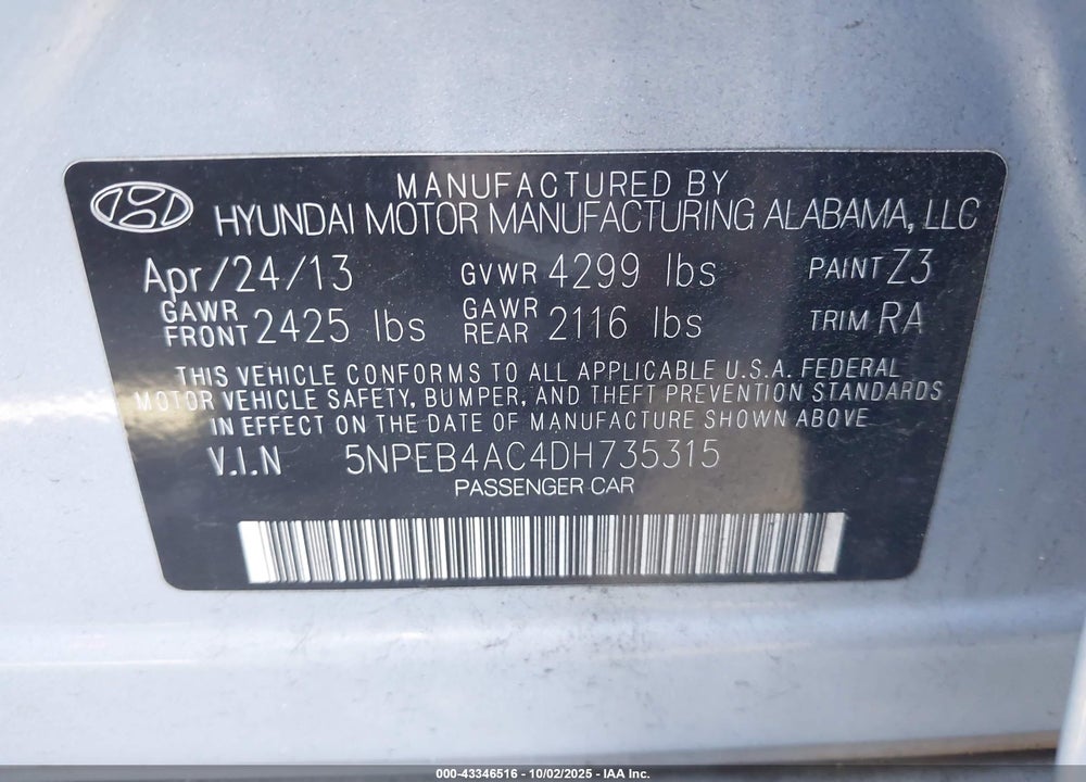 2013 HYUNDAI SONATA GLS VIN: 5NPEB4AC4DH735315