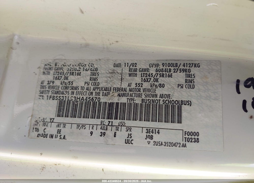 2003 FORD E-350 SUPER DUTY XL/XLT VIN: 1FBSS31L53HA45670
