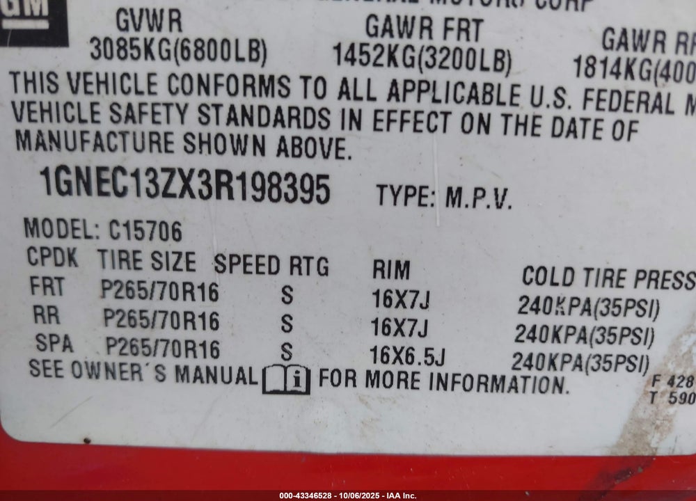 2003 CHEVROLET TAHOE VIN: 1GNEC13ZX3R198395