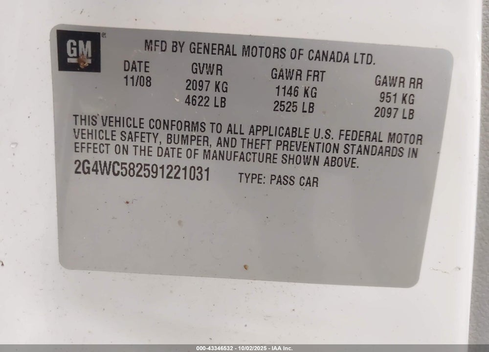 2009 BUICK LACROSSE VIN: 2G4WC582591221031