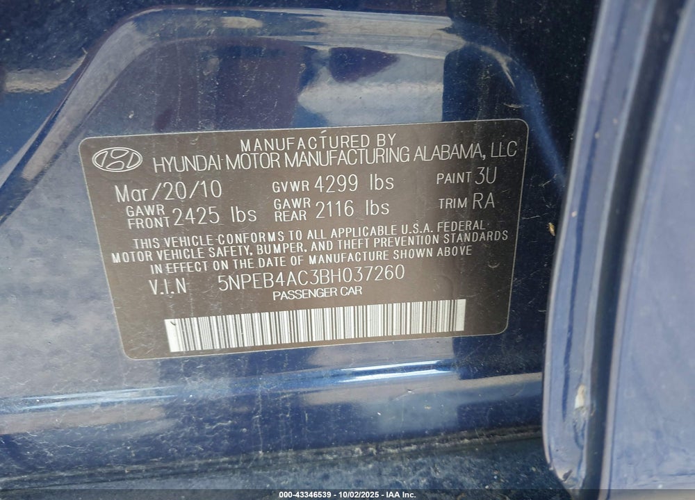 2011 HYUNDAI SONATA GLS VIN: 5NPEB4AC3BH037260