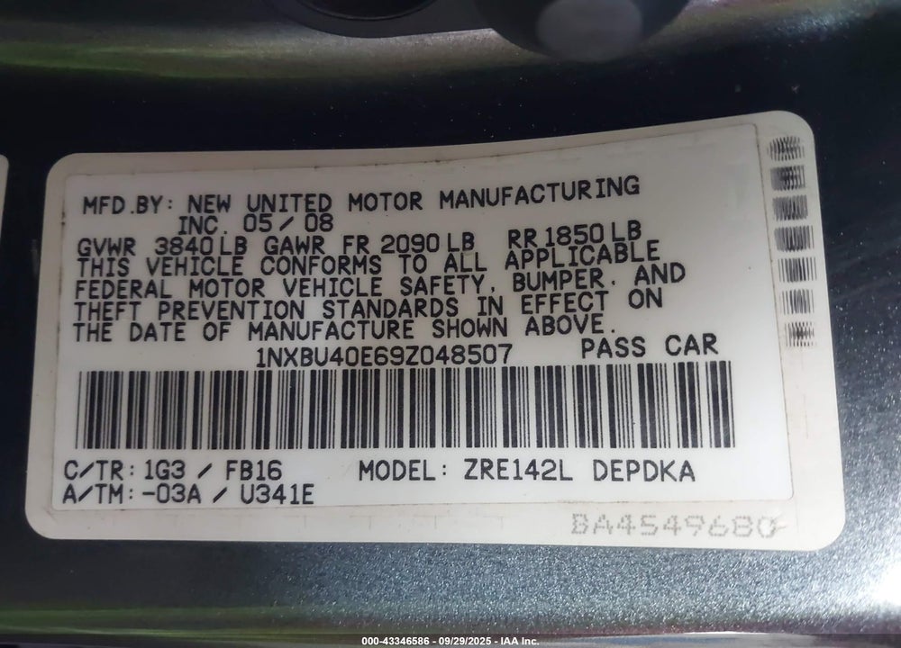 2009 TOYOTA COROLLA VIN: 1NXBU40E69Z048507