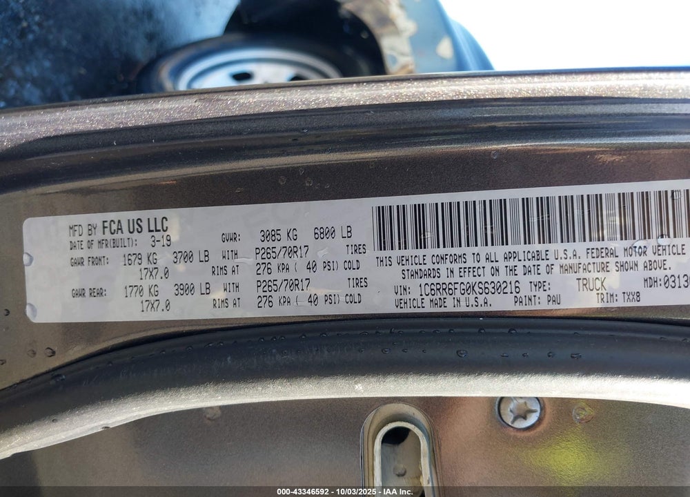 2019 RAM 1500 VIN: 1C6RR6FG0KS630216