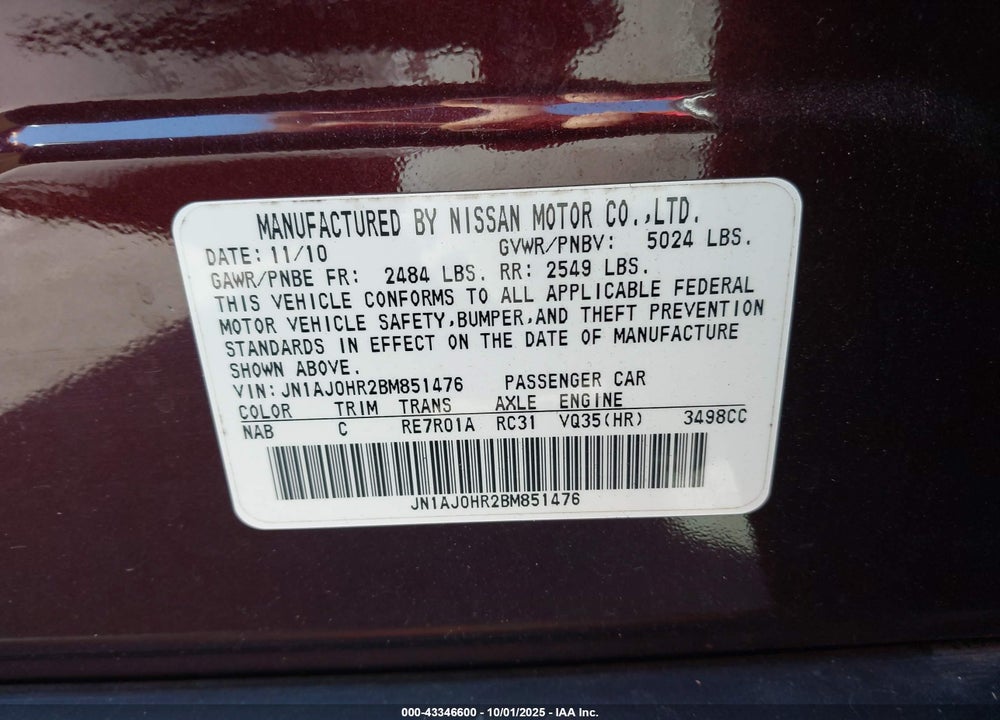 2011 INFINITI EX35 VIN: JN1AJ0HR2BM851476