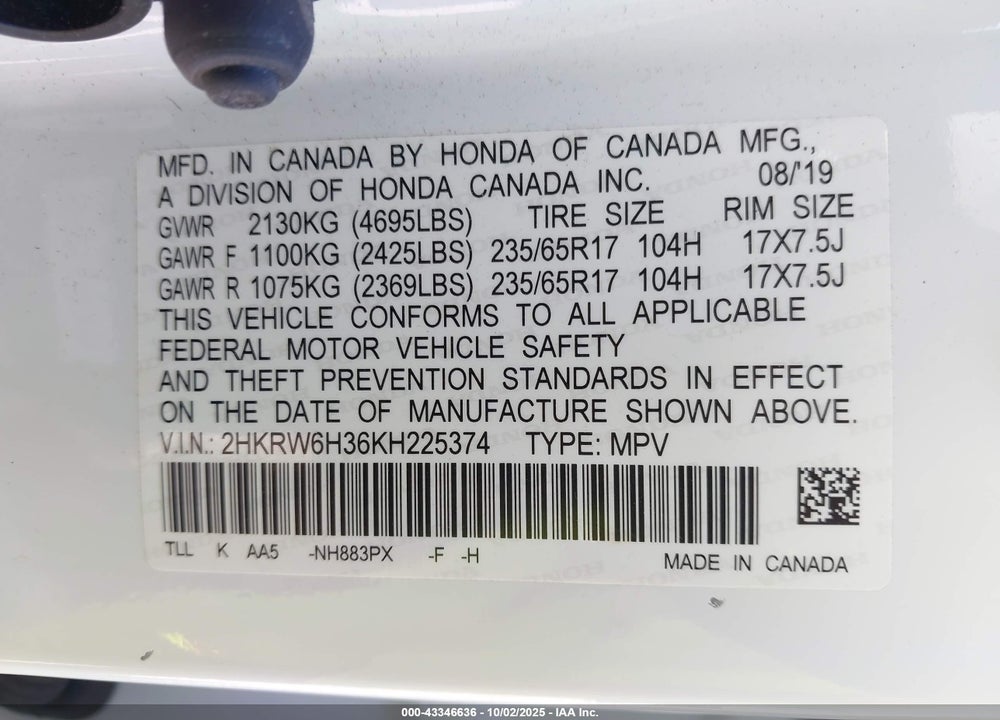 2019 HONDA CR-V VIN: 2HKRW6H36KH225374