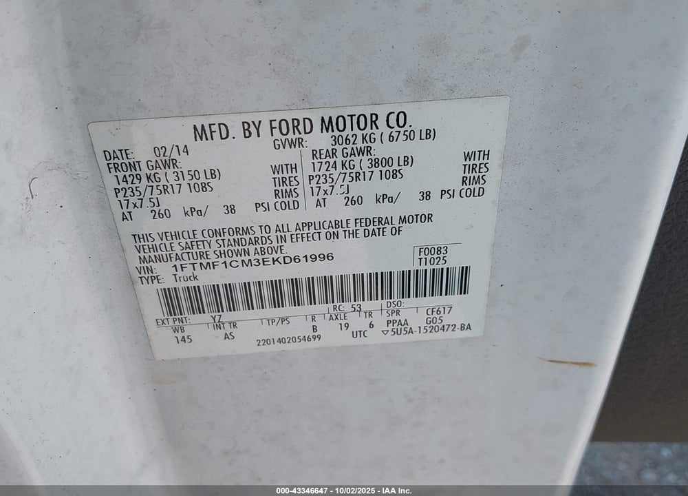 2014 FORD F-150 XL VIN: 1FTMF1CM3EKD61996