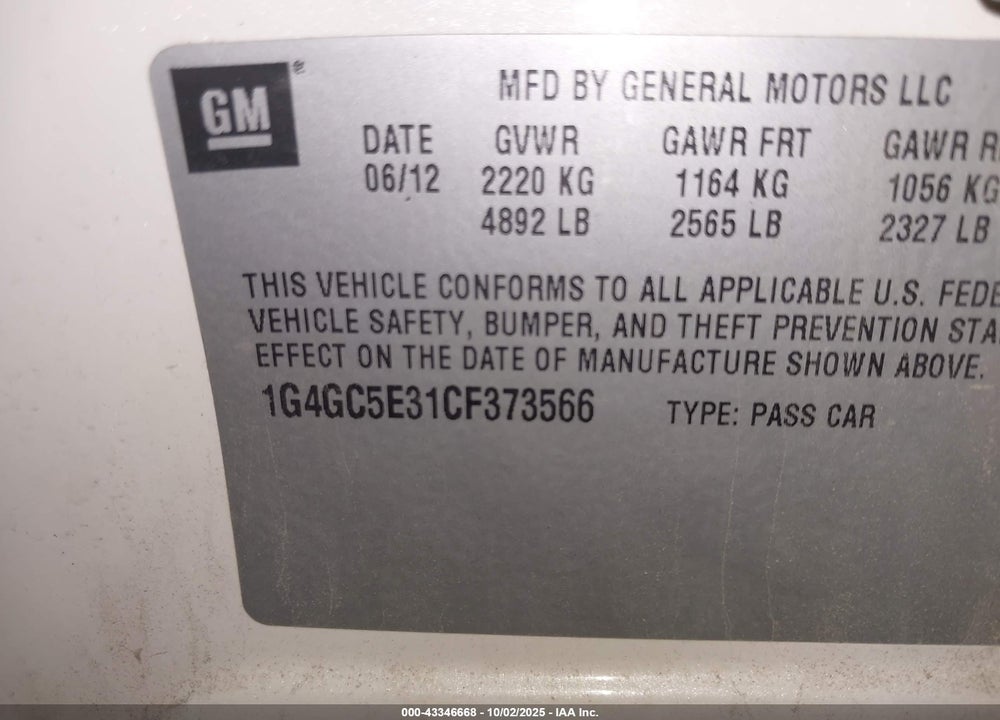 2012 BUICK LACROSSE VIN: 1G4GC5E31CF373566