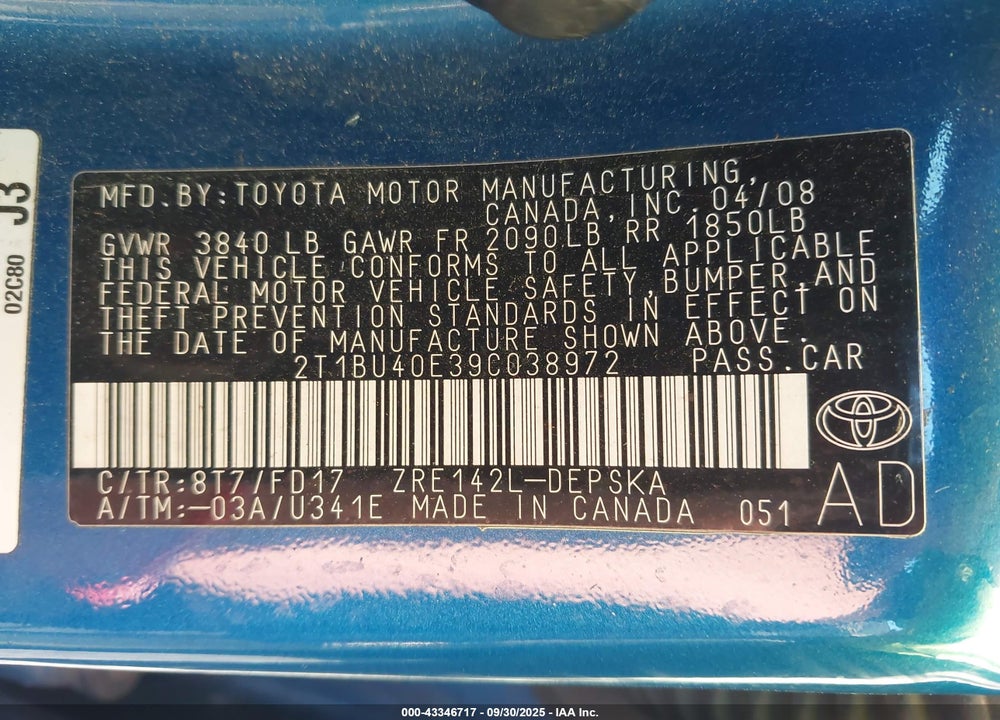2009 TOYOTA COROLLA S VIN: 2T1BU40E39C038972