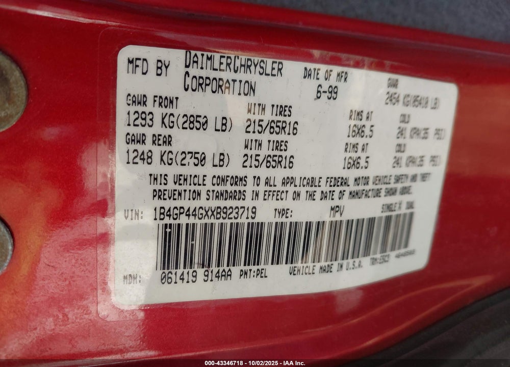 1999 DODGE GRAND CARAVAN SE VIN: 1B4GP44GXXB923719