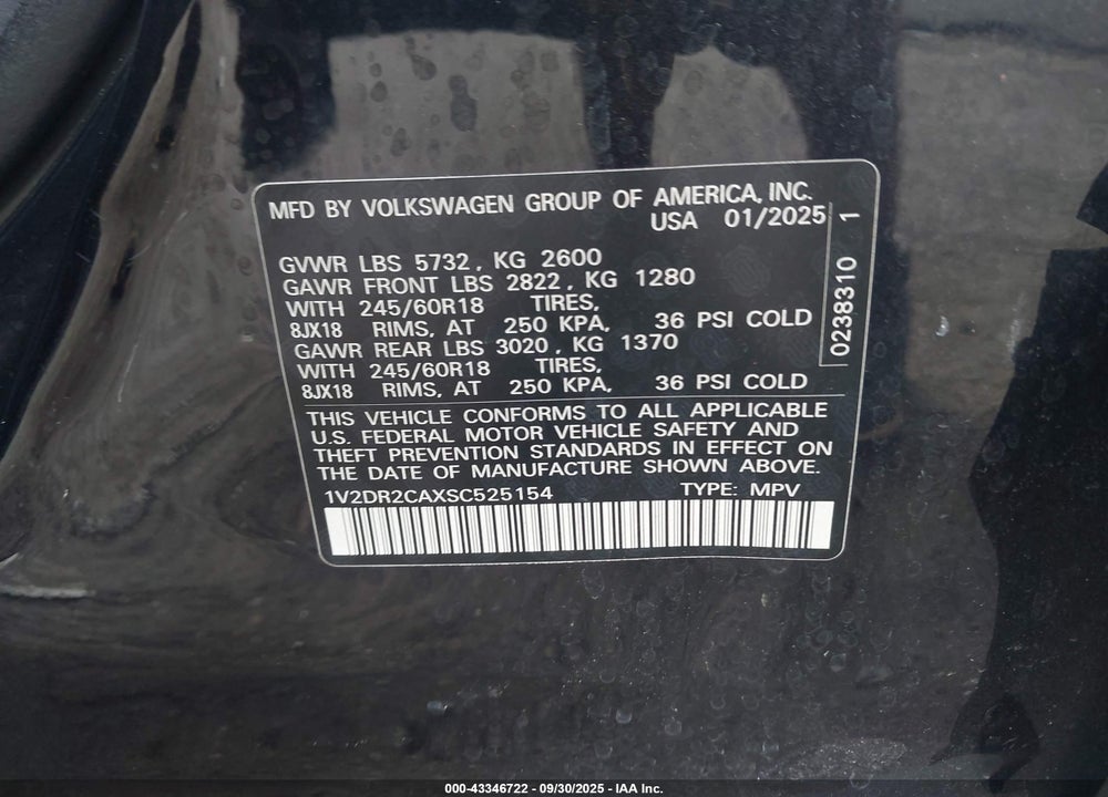 2025 VOLKSWAGEN ATLAS 2.0T SE VIN: 1V2DR2CAXSC525154