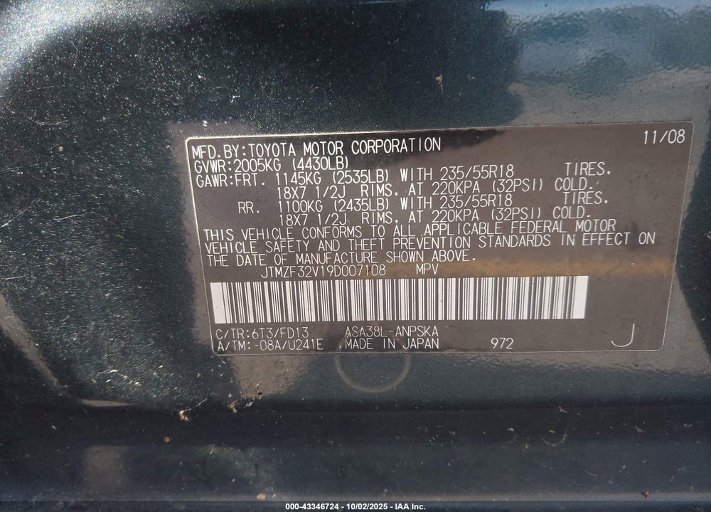 2009 TOYOTA RAV4 VIN: JTMZF32V19D007108