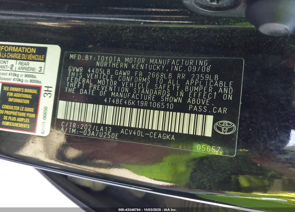 2009 TOYOTA CAMRY XLE VIN: 4T4BE46K19R106510