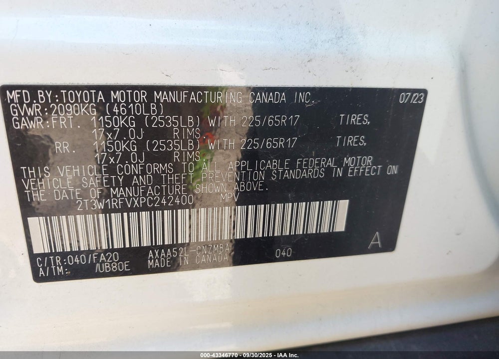 2023 TOYOTA RAV4 XLE VIN: 2T3W1RFVXPC242400
