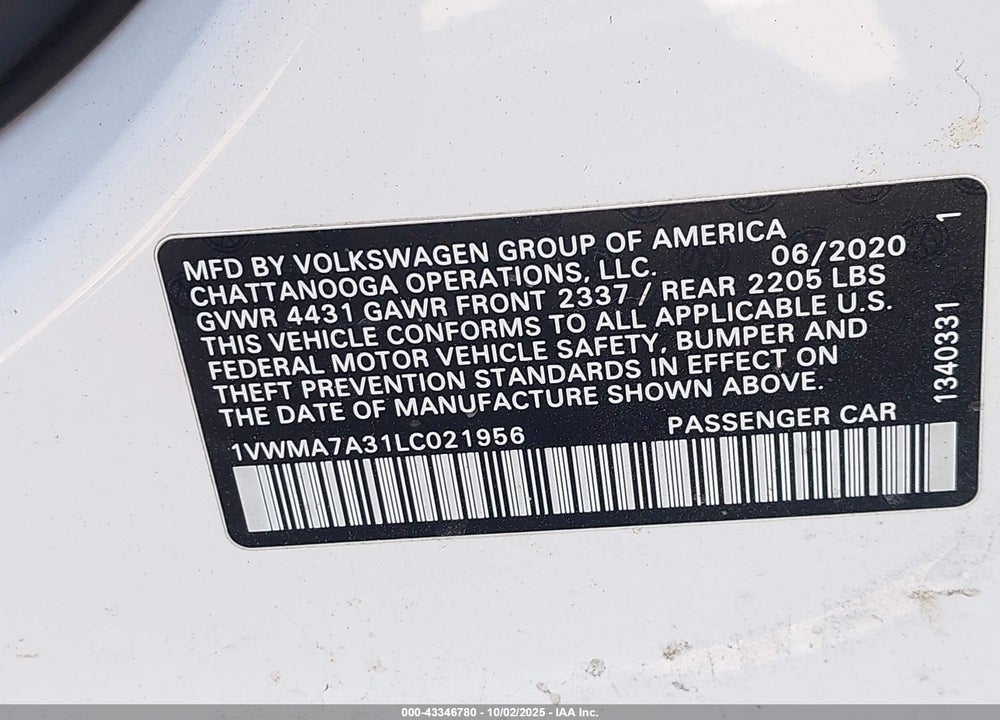 2020 VOLKSWAGEN PASSAT 2.0T R-LINE VIN: 1VWMA7A31LC021956