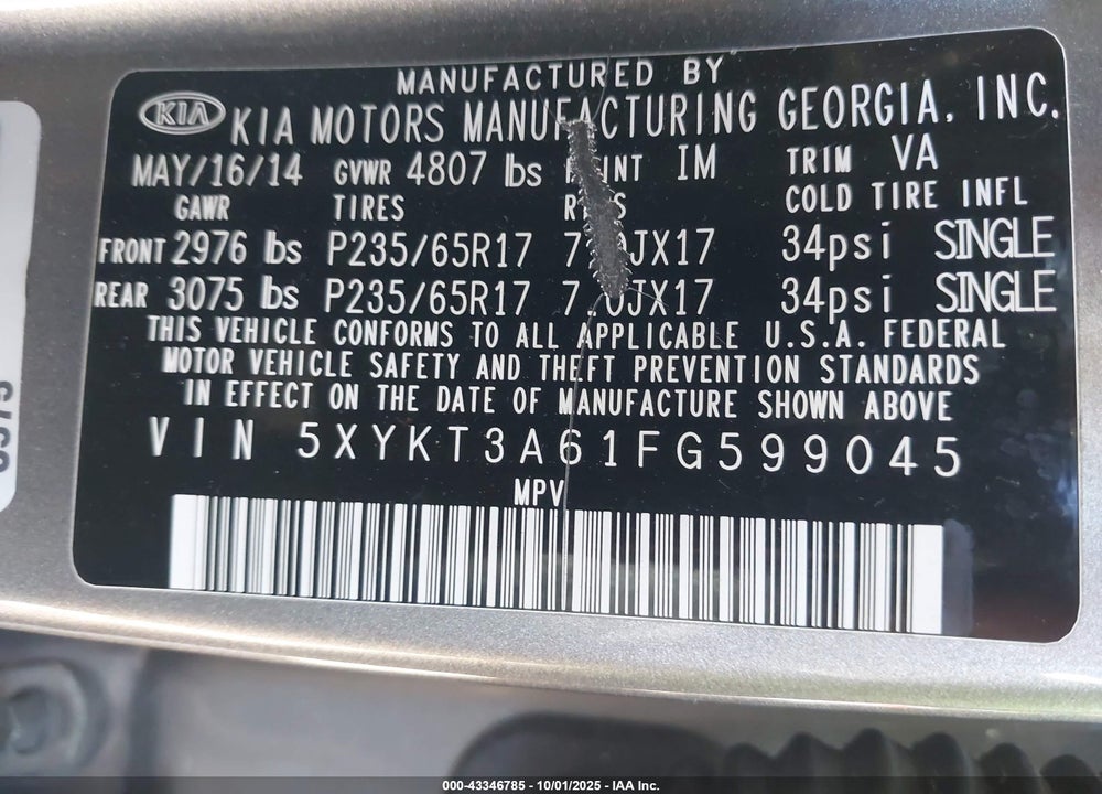 2015 KIA SORENTO VIN: 5XYKT3A61FG599045