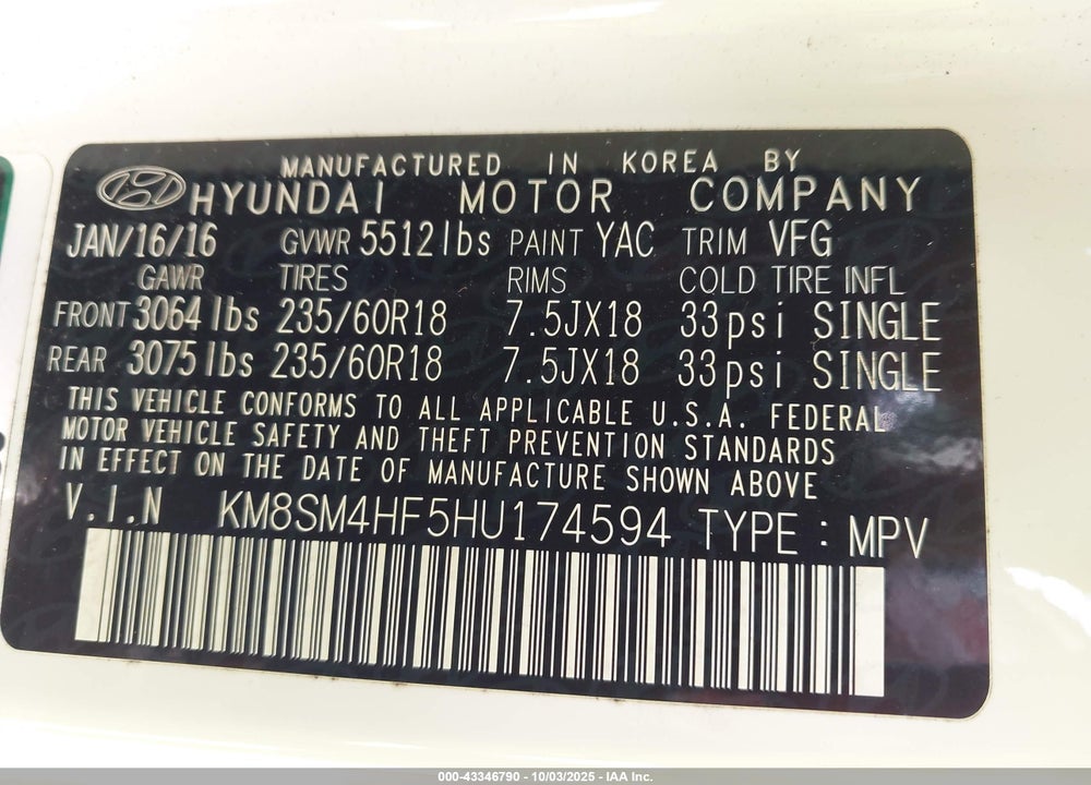2017 HYUNDAI SANTA FE VIN: KM8SM4HF5HU174594