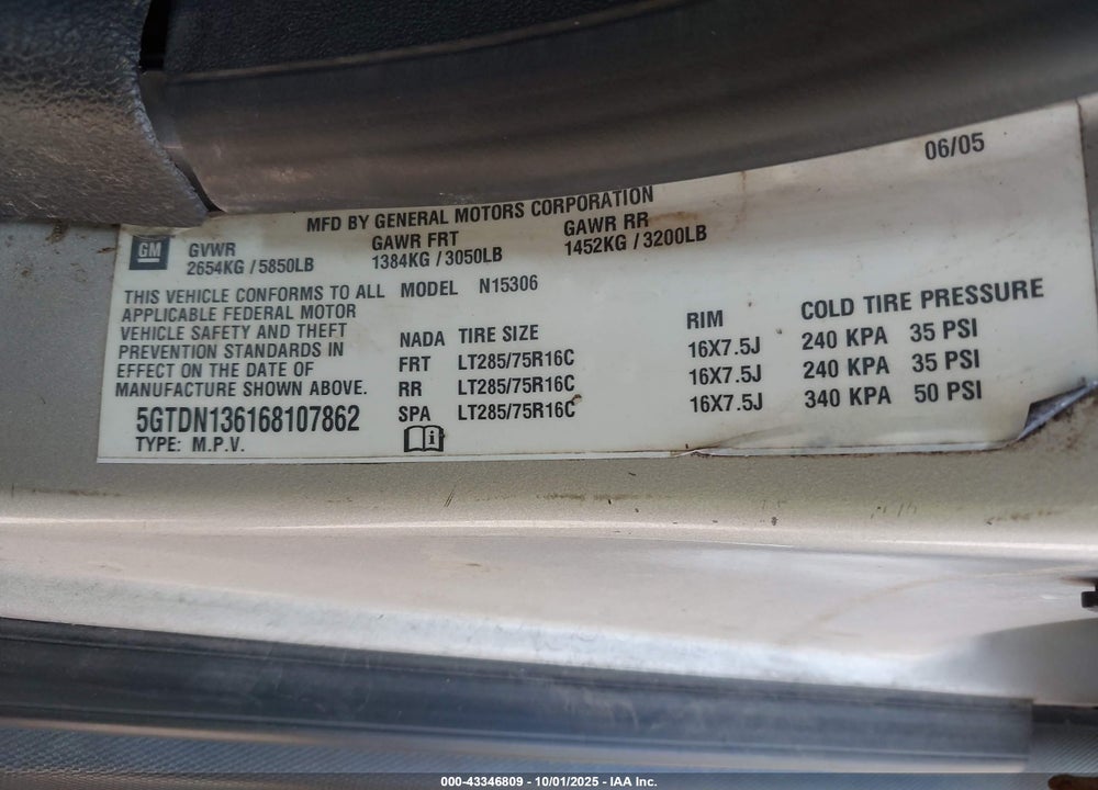 2006 HUMMER H3 SUV VIN: 5GTDN136168107862