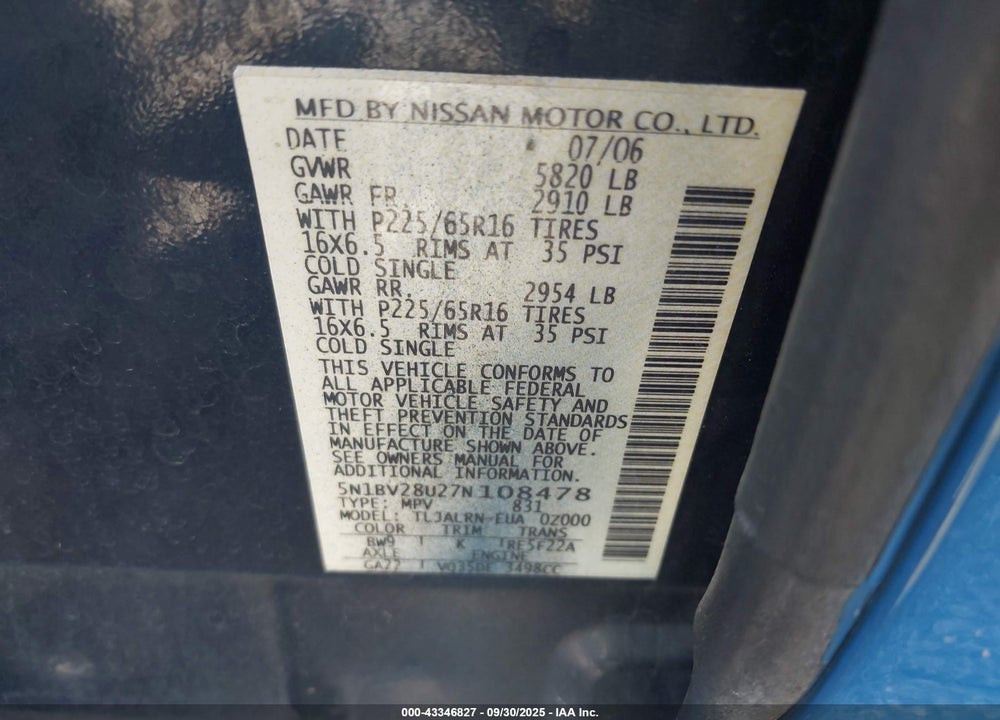 2007 NISSAN QUEST 3.5 VIN: 5N1BV28U27N108478