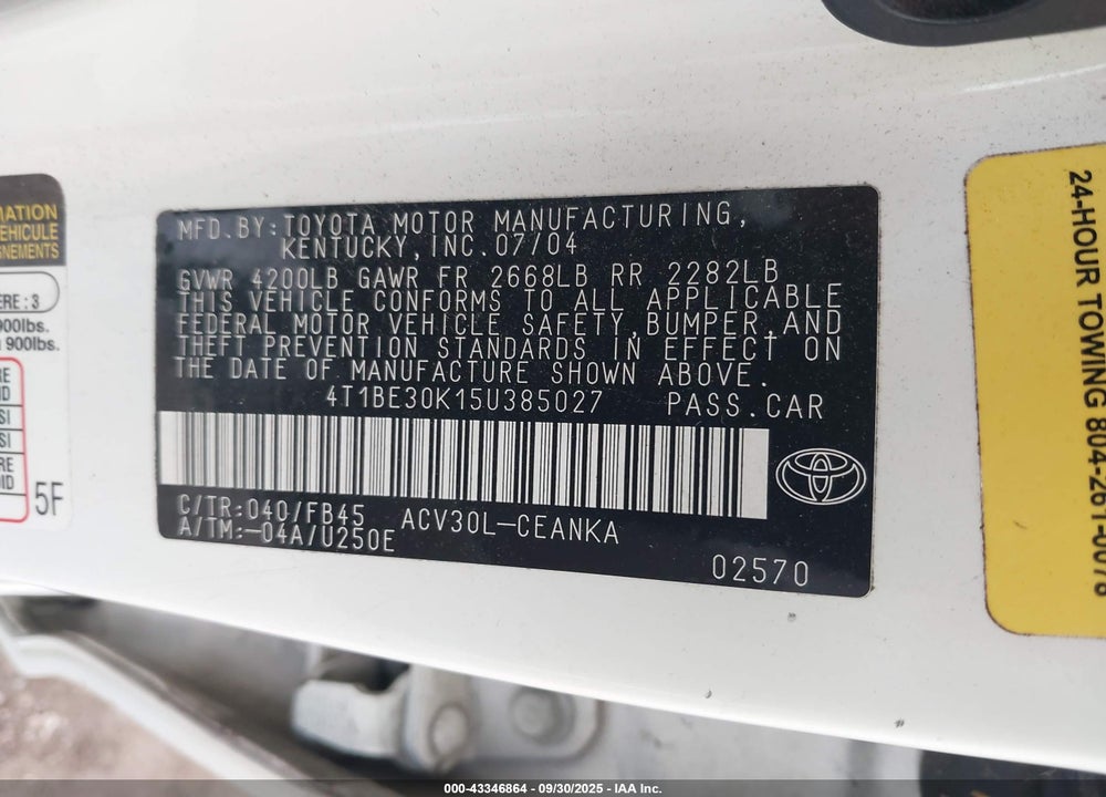 2005 TOYOTA CAMRY LE VIN: 4T1BE30K15U385027