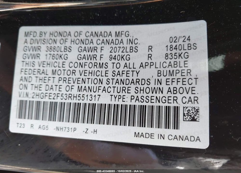 2024 HONDA CIVIC SPORT VIN: 2HGFE2F53RH551317