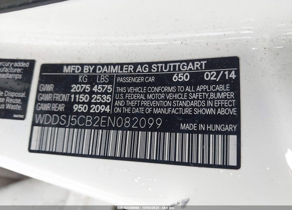 2014 MERCEDES-BENZ CLA-CLASS VIN: WDDSJ5CB2EN082099