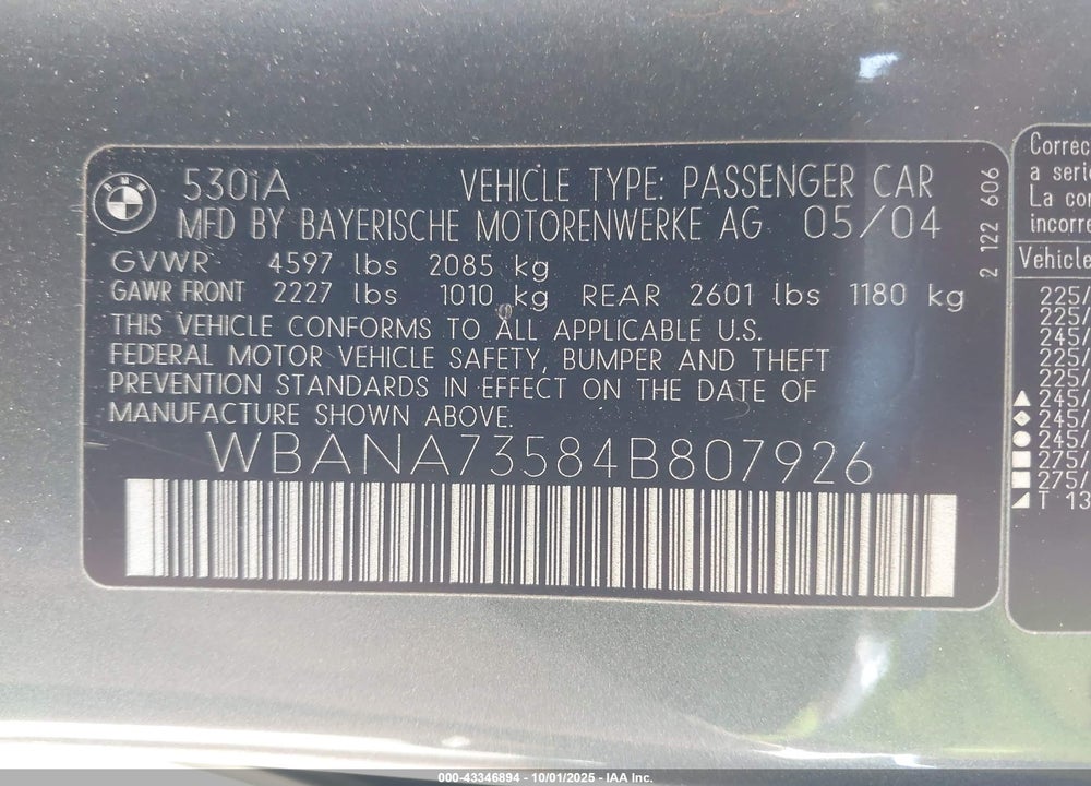 2004 BMW 530I VIN: WBANA73584B807926