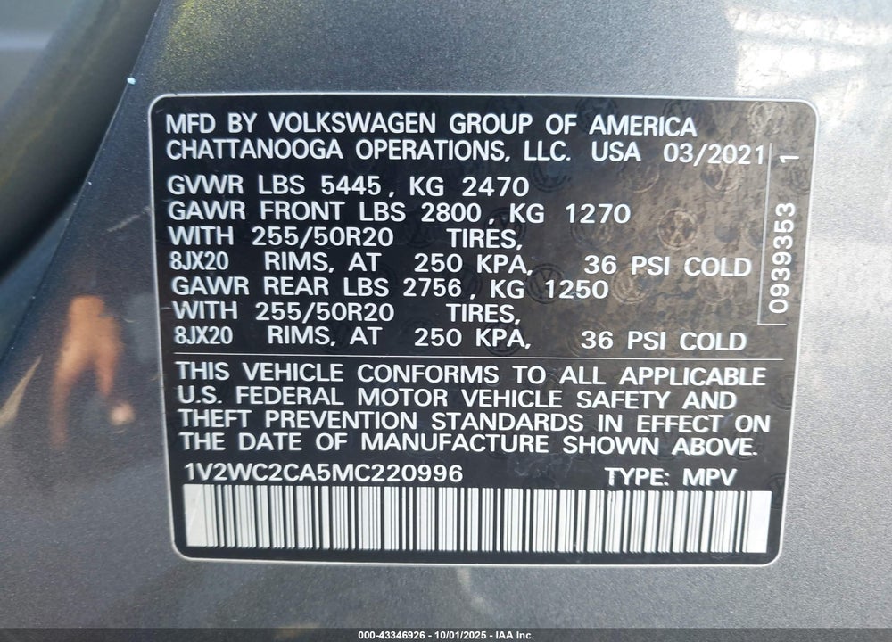 2021 VOLKSWAGEN ATLAS CROSS SPORT 2.0T SE W/TECHNOLOGY VIN: 1V2WC2CA5MC220996
