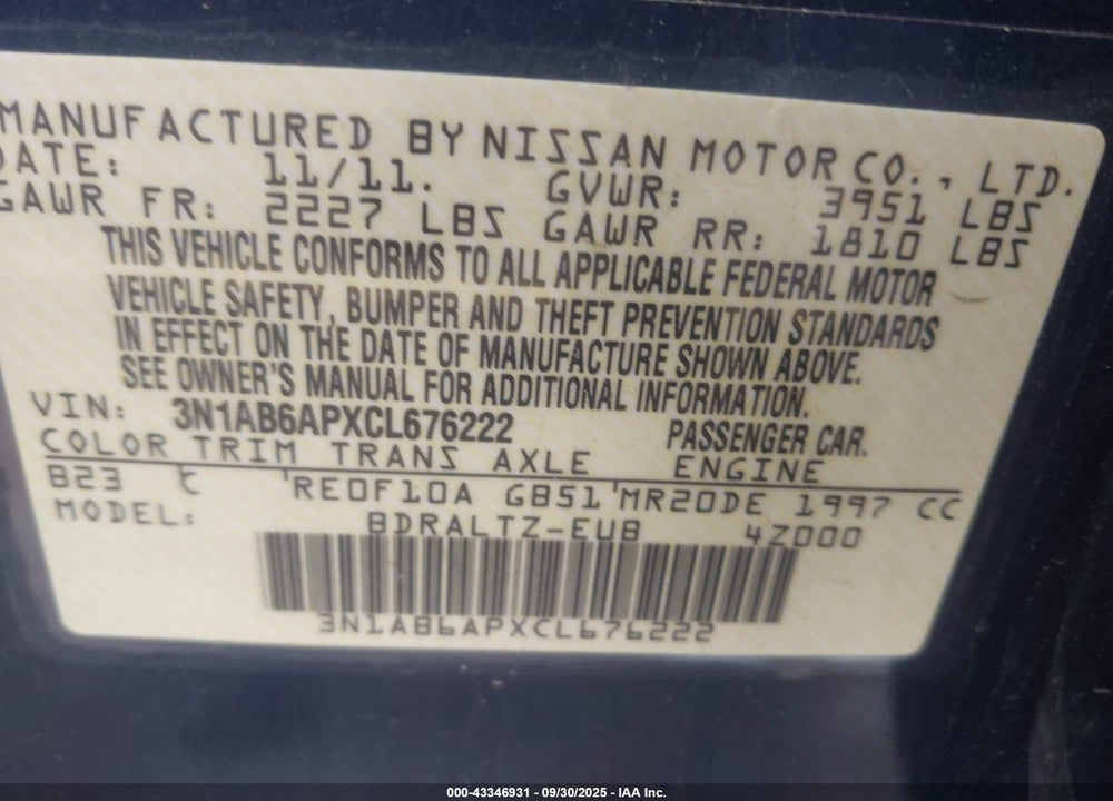 2012 NISSAN SENTRA VIN: 3N1AB6APXCL676222
