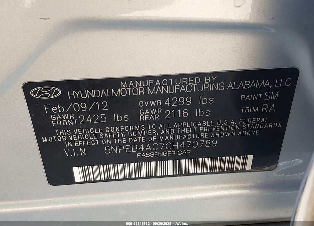 2012 HYUNDAI SONATA GLS VIN: 5NPEB4AC7CH470789