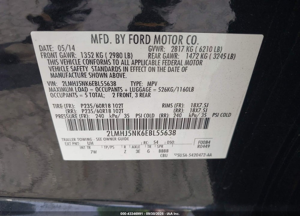 2014 LINCOLN MKT VIN: 2LMHJ5NK6EBL55638