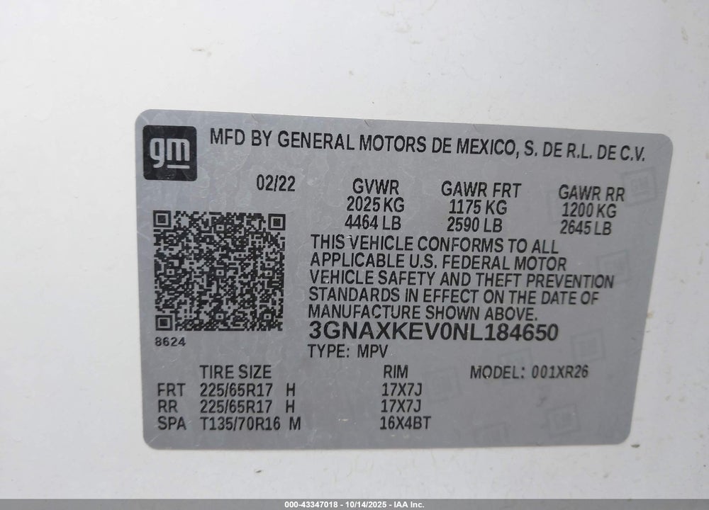 2022 CHEVROLET EQUINOX FWD LT VIN: 3GNAXKEV0NL184650