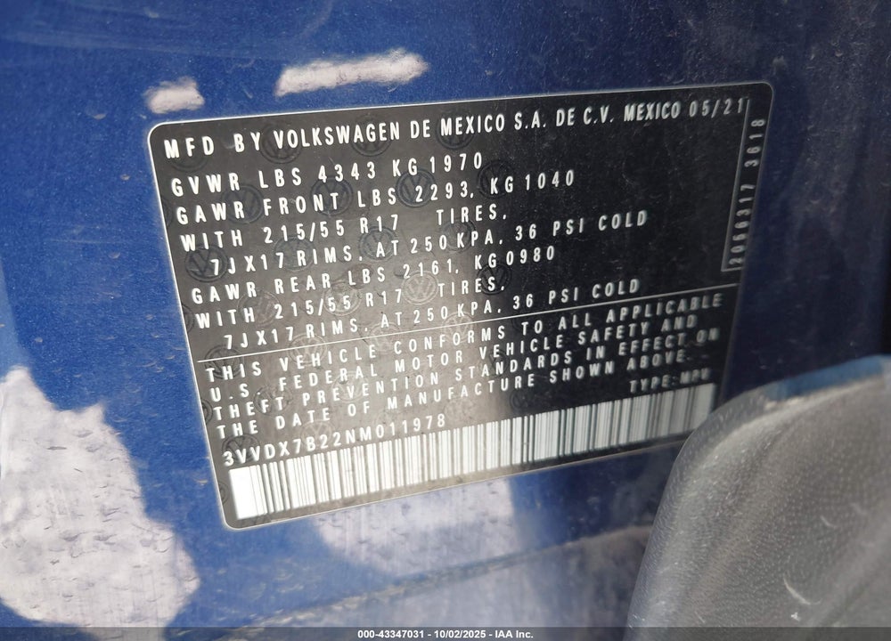 2022 VOLKSWAGEN TAOS 1.5T S VIN: 3VVDX7B22NM011978