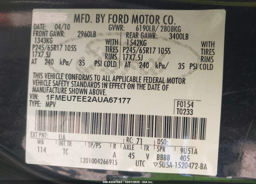 2010 FORD EXPLORER VIN: 1FMEU7EE2AUA67177