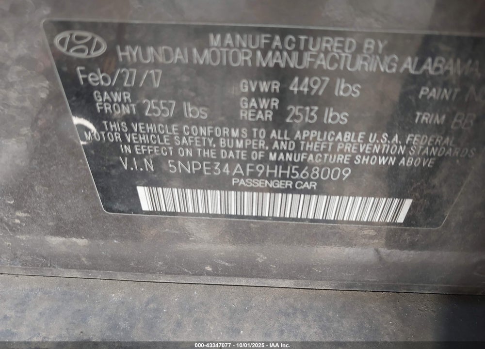 2017 HYUNDAI SONATA SPORT VIN: 5NPE34AF9HH568009