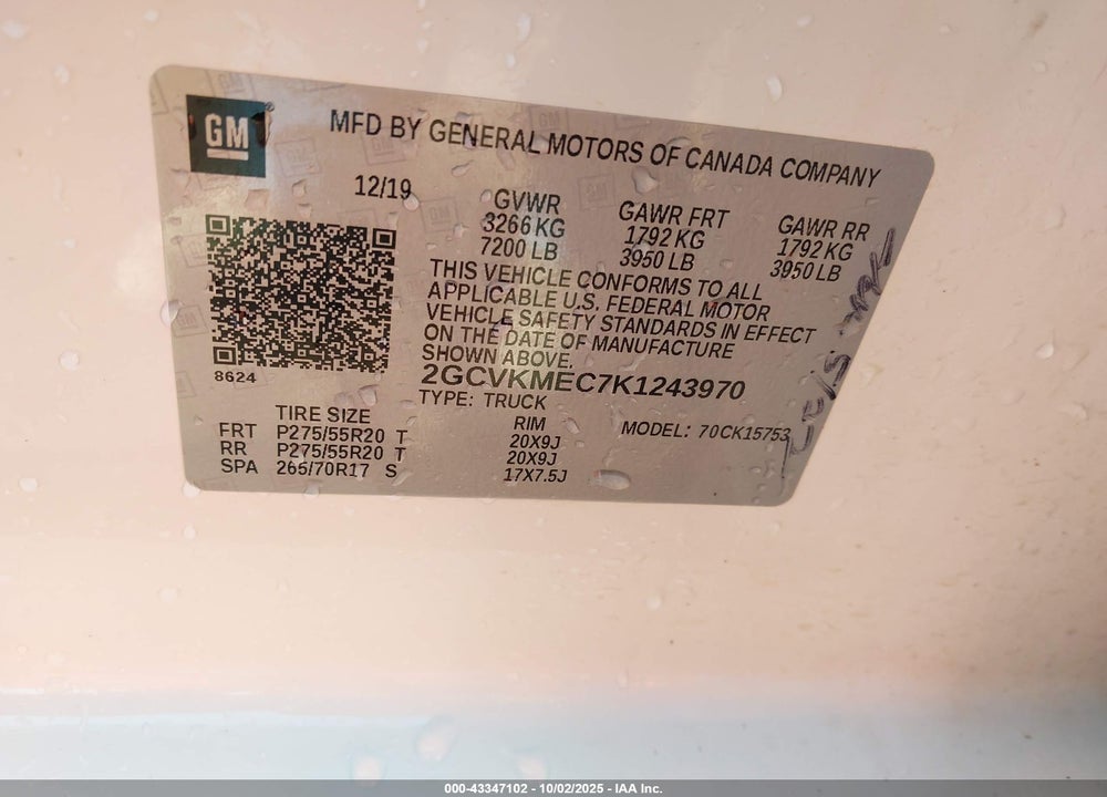 2019 CHEVROLET SILVERADO 1500 VIN: 2GCVKMEC7K1243970