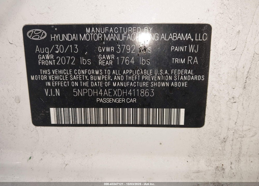 2013 HYUNDAI ELANTRA VIN: 5NPDH4AEXDH411863