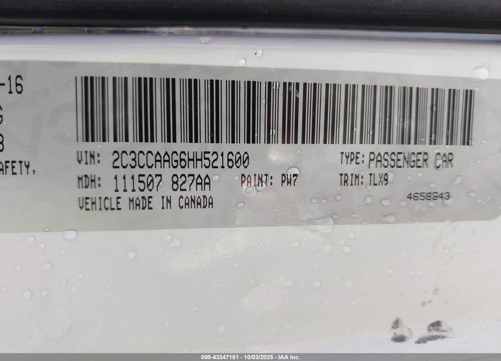 2017 CHRYSLER 300 LIMITED VIN: 2C3CCAAG6HH521600