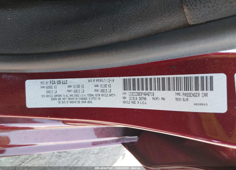 2015 CHRYSLER 200 VIN: 1C3CCCBB3FN646718