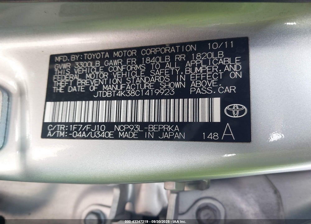 2012 TOYOTA YARIS VIN: JTDBT4K38C1419923